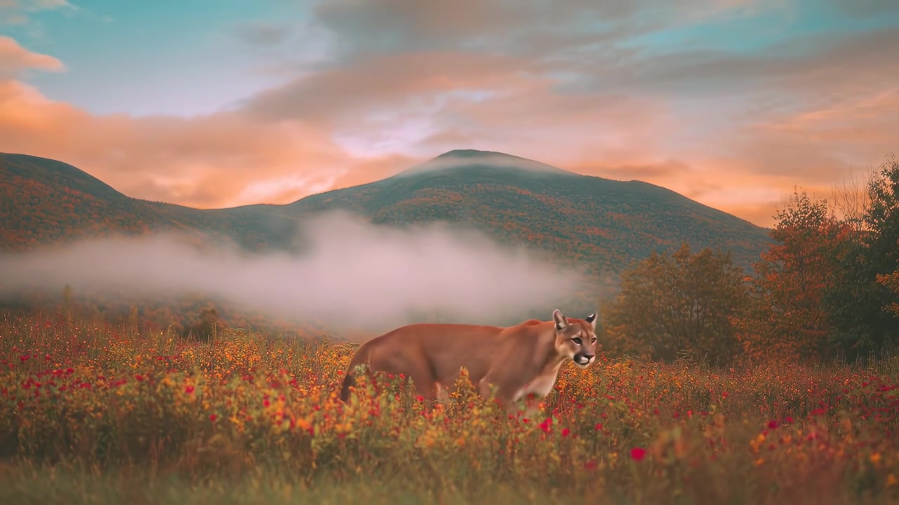Mountain Lion Walking Through a Wildflower Meadow at Sunset