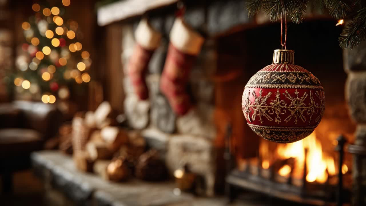 A Cozy Christmas Setting Featuring a Decorative Ornament Hanging by the Fireplace Surrounded by Warm Light and Holiday Cheer
