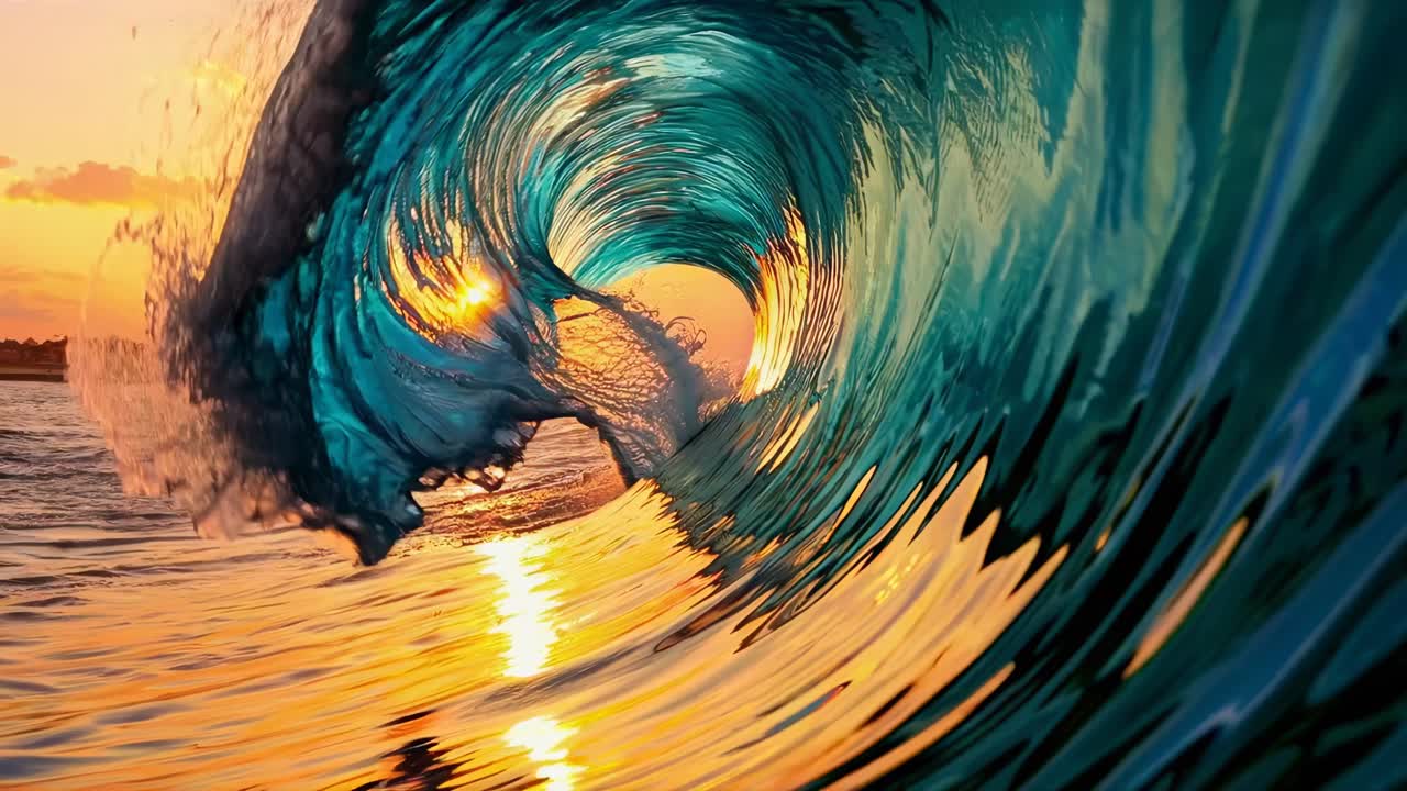 Dynamic video captures a close-up inside a curling ocean wave at sunset, showcasing vibrant colors
