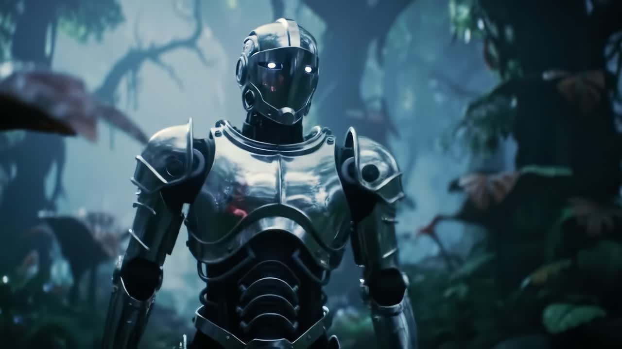 A highly advanced robot navigates through a lush, technologically enhanced jungle filled with vibrant foliage and mysterious lighting. The atmosphere is captivating and otherworldly.