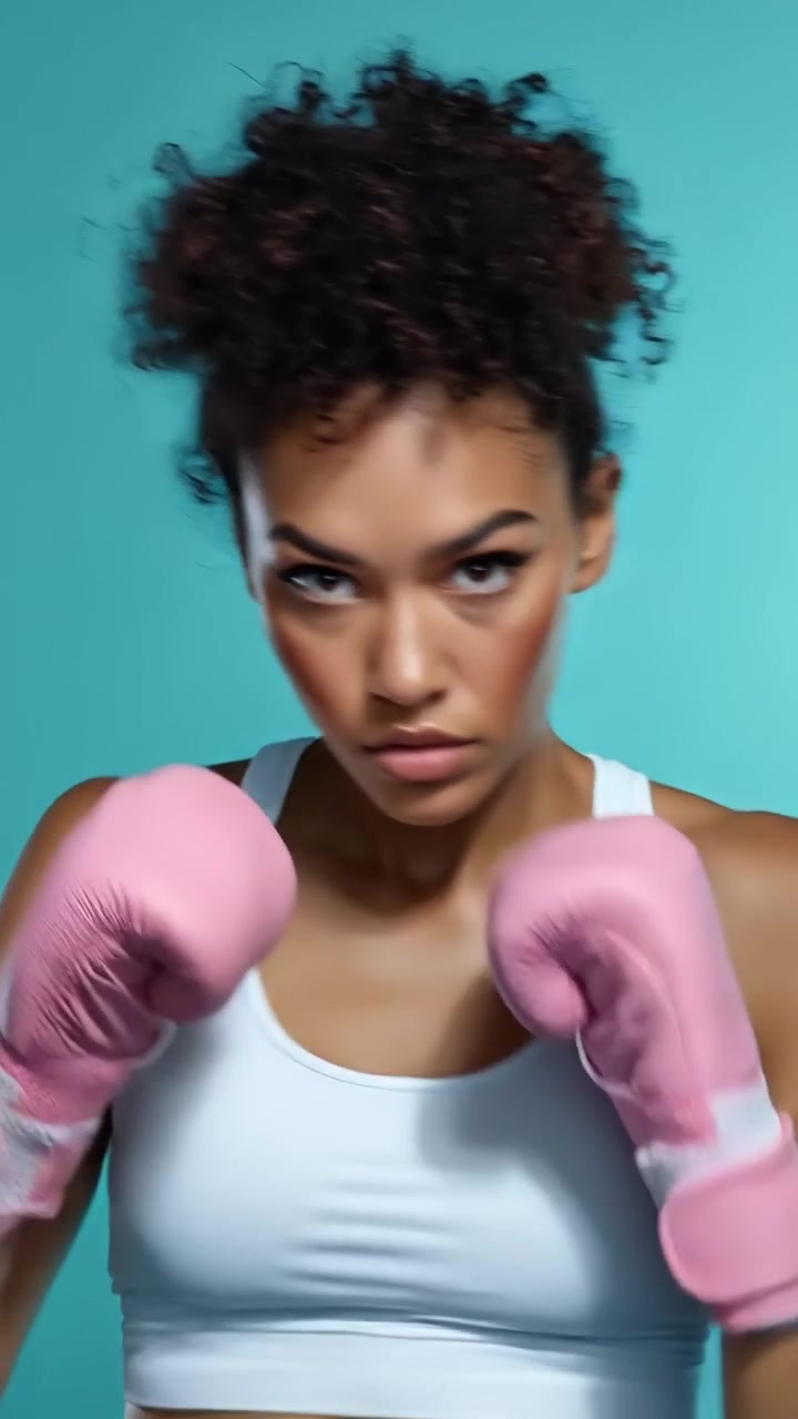 Giovane donna determinata che indossa guantoni da boxe rosa e posa su uno sfondo turchese