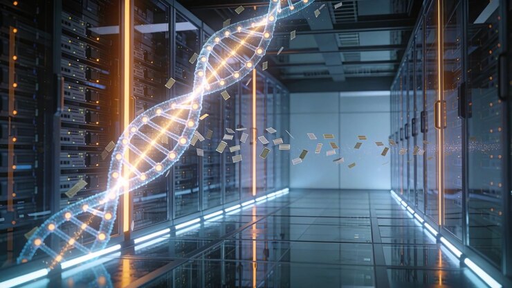 System starting glowing DNA helix rising and sending data tokens through server racks for transfer