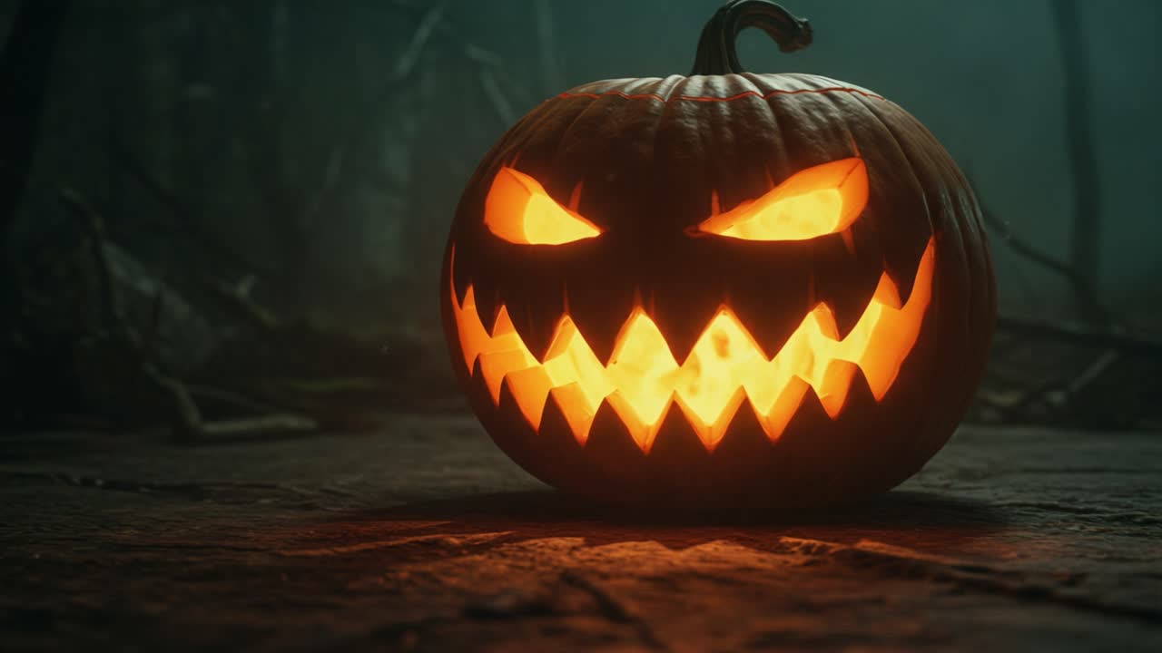 A Sinister Glow: The Eerie Transformation of a Jack-o'-Lantern in the Darkness of Halloween Night Reflecting the Spirit of the Season