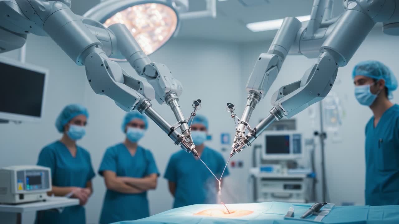 Advanced Robot-Assisted Surgery: A Close-Up View of Surgical Robots Precisely Performing a Procedure with Medical Staff Observing in an Operating Room Environment