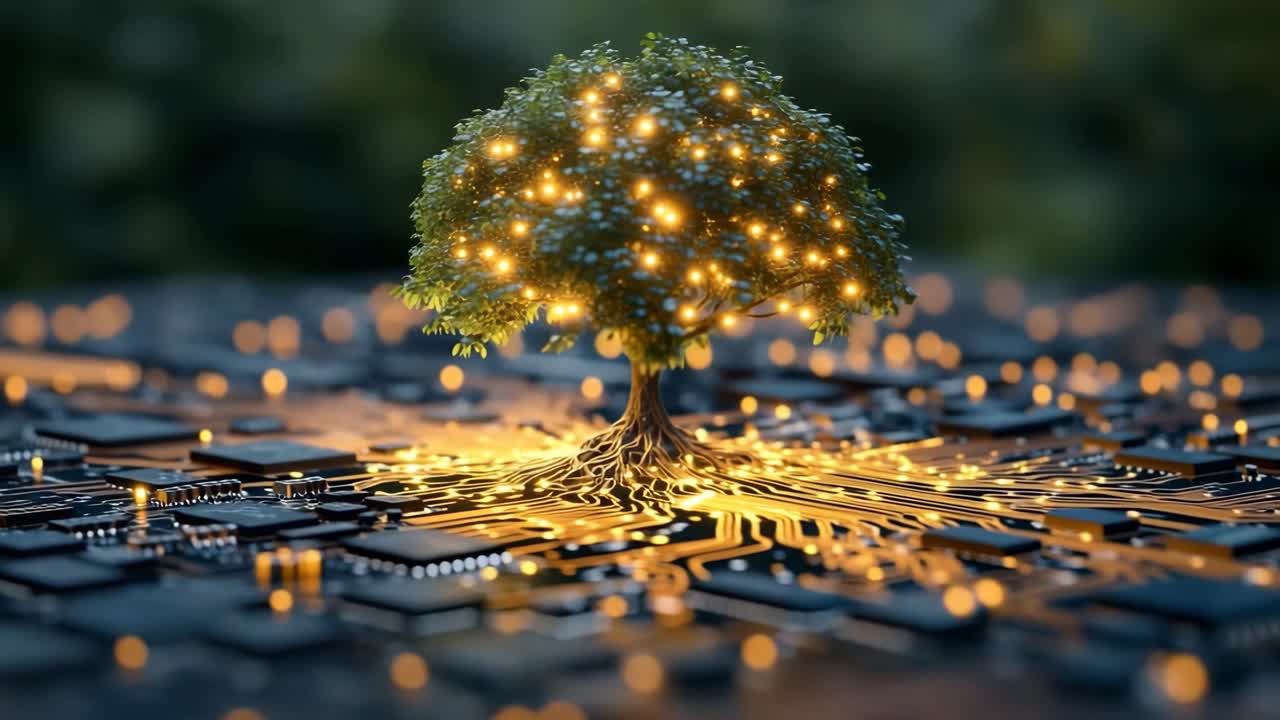 Tree in circuit board land. A tree grows from a circuit board, illuminated by glowing lights, blending nature and technology in harmony.