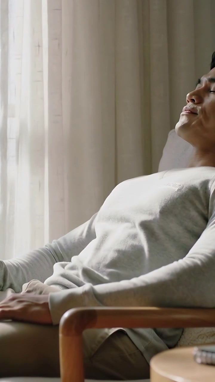 Vertical video: Daylight lulling man reclining in armchair by sheers, gray sweater, remote visible