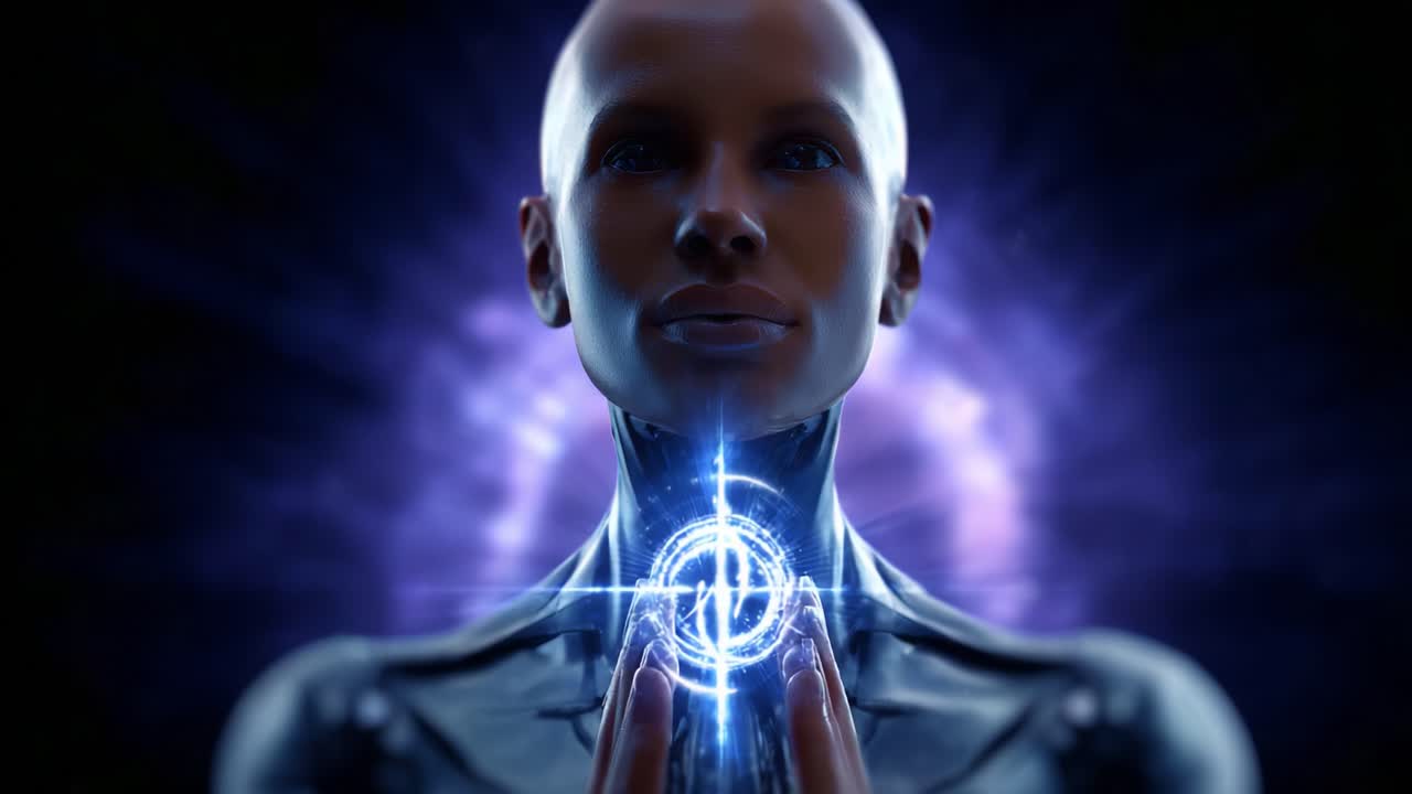 A Futuristic Android Figure Channeling Energy with a Mysterious Symbol Illuminating Its Core in a Dark Sci-Fi Environment