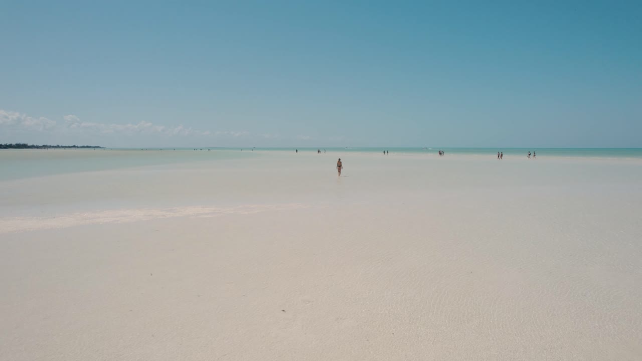 atractiva chica rubia en tangas camina en la playa de arena con mar poco profundo en la isla paradisíaca, invirtiendo la antena