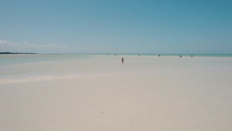 Attractive-blonde-girl-in-thongs-walks-on-sandy-beach-with-shallow-sea-on-island-paradise,-reversing-aerial