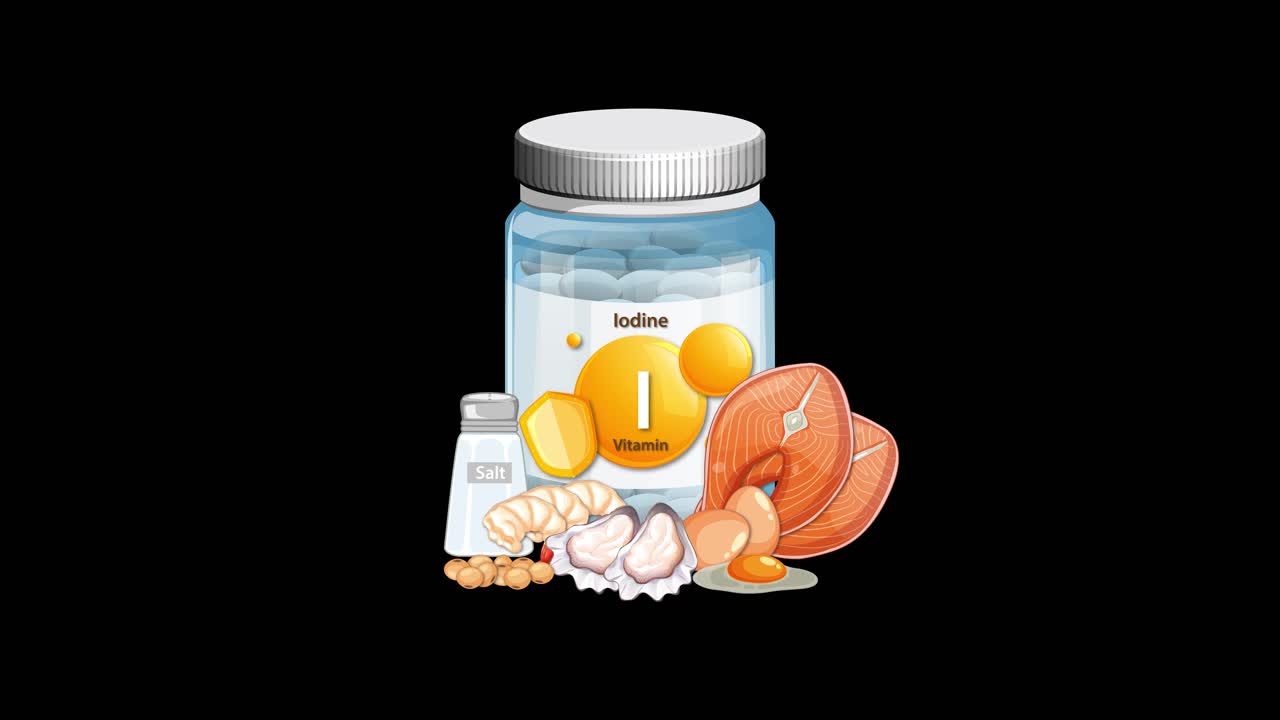 Iodine supplement bottle appears with nuts, salt, and seafood on black background, smooth transitions