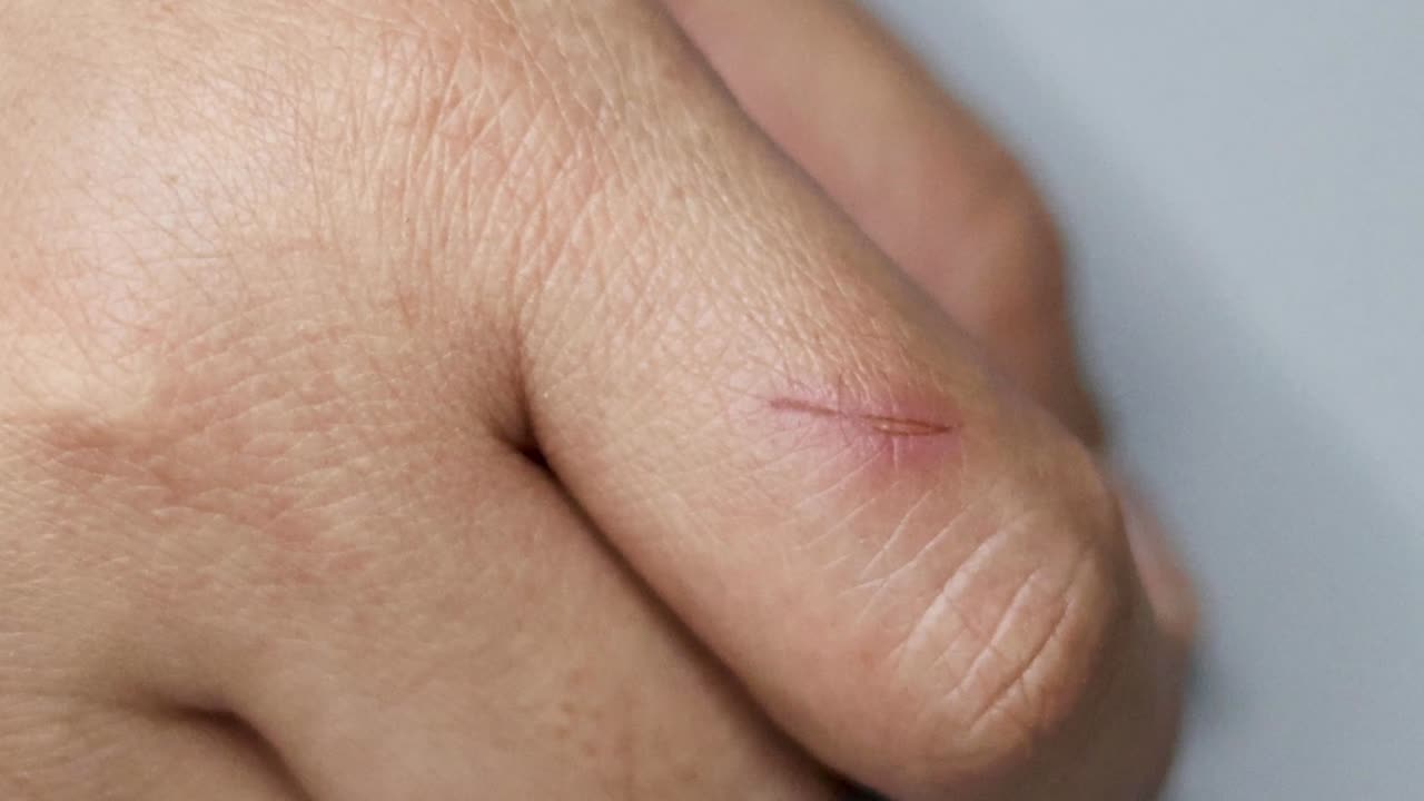Detailed view of a small cut healing on a finger over time, highlighting skin changes.