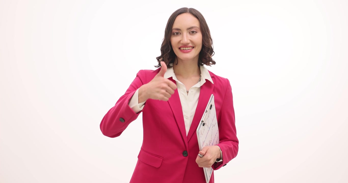 Donna d'affari in blazer rosso tiene in mano un rapporto con grafici e sorride