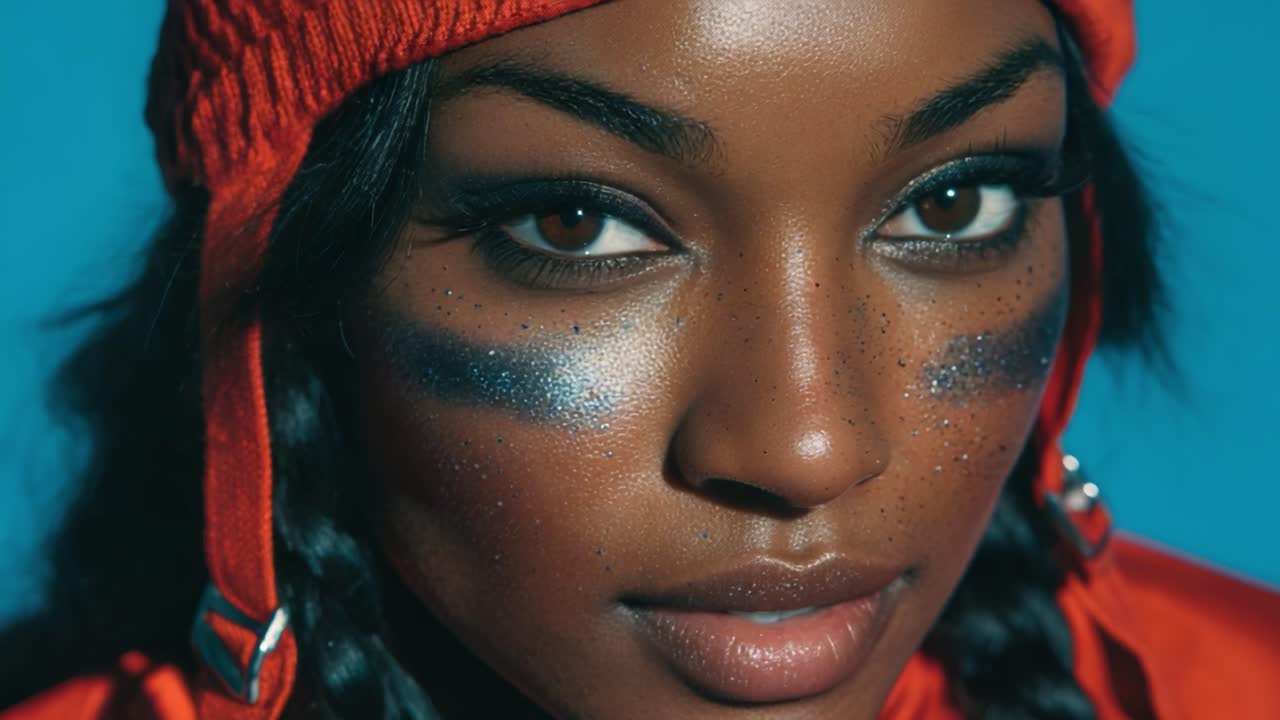 Dramatický portrét zdůrazňující výrazný make-up a jedinečný styl: Podmanivý detailní záběr modelu s úžasnýma očima a zářivými barvami