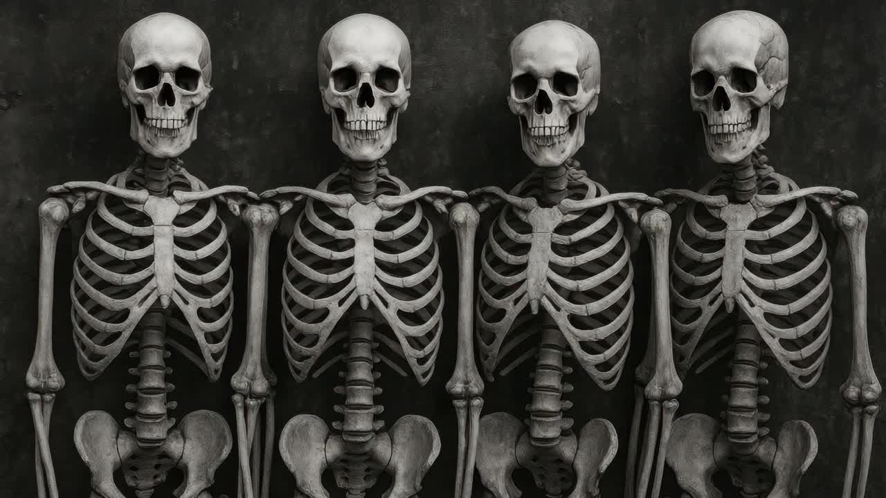 Four skeletons aligned against a dark background, captured from a straight-on angle
