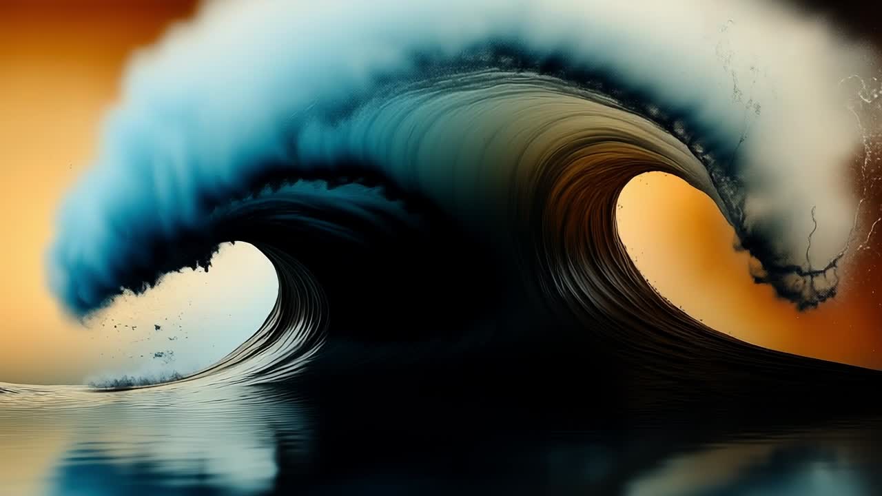 Powerful ocean waves crashing at sunset. Dynamic waves clash dramatically, creating splashes against a backdrop of vibrant sunset colors over the sea.