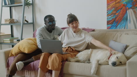 multiethnic couple petting cute dog on sofa in living room