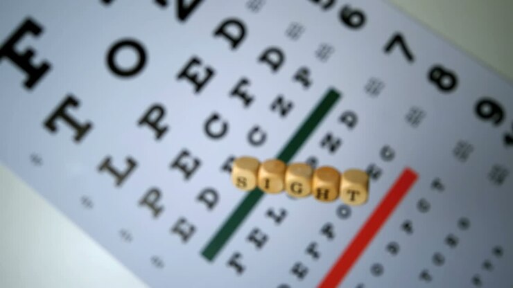 Dice spelling out sight falling on eye test