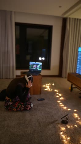 woman relaxing at home with headphones and laptop