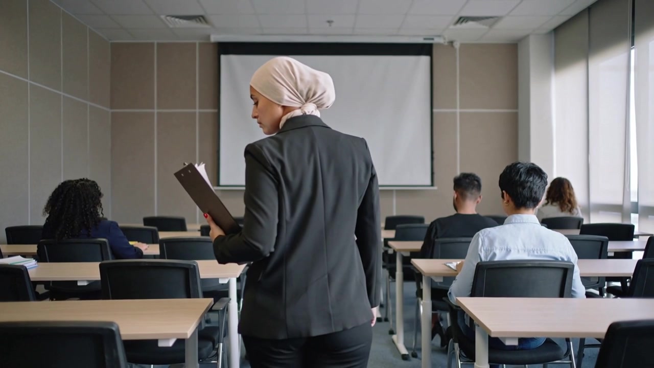 Guru berjalan mengenakan jilbab dan blazer memeriksa papan klip dan menuju layar kelas untuk mengajar