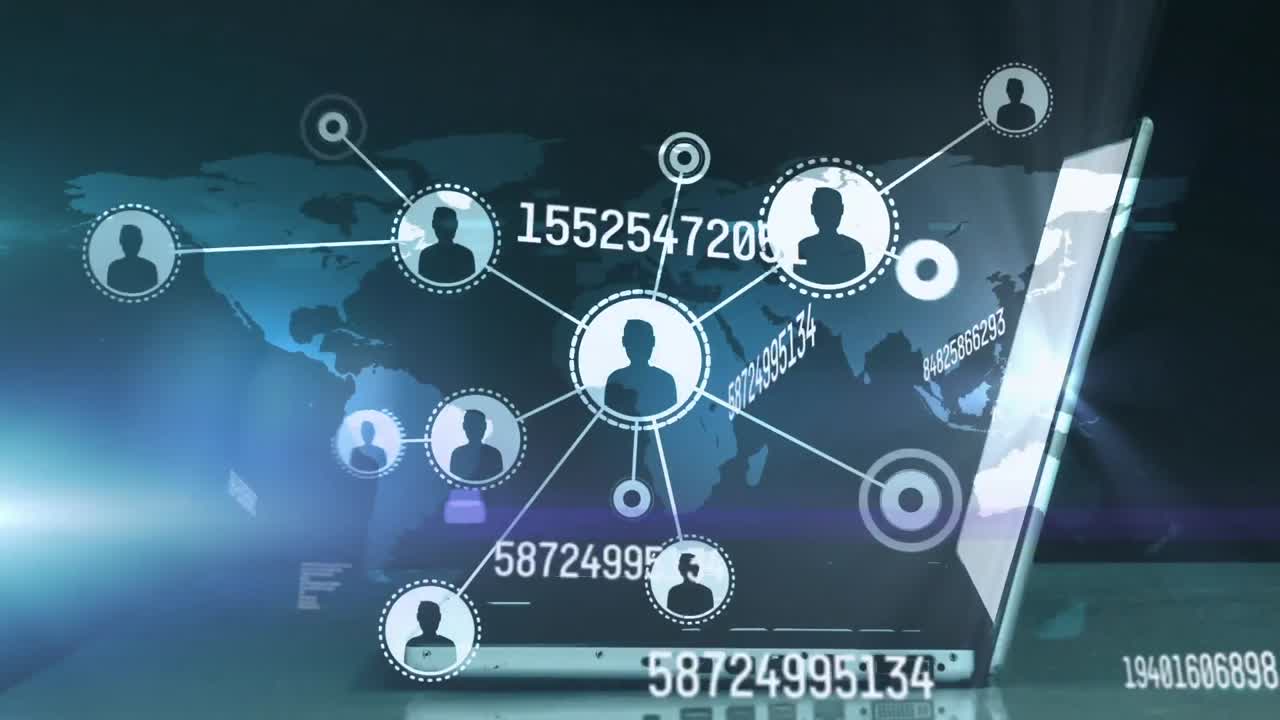 Animation of numbers, network of connections with people icons over world map and laptop