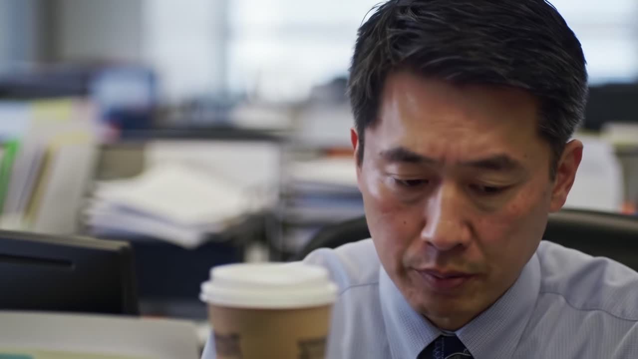 Focused Professional Examining Data with Intensity in a Corporate Office Environment, Highlighting Work Ethic and Dedication to Task Completion