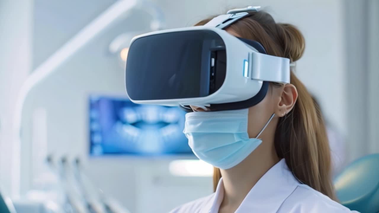 Person wearing VR headset and medical mask in a dental setting