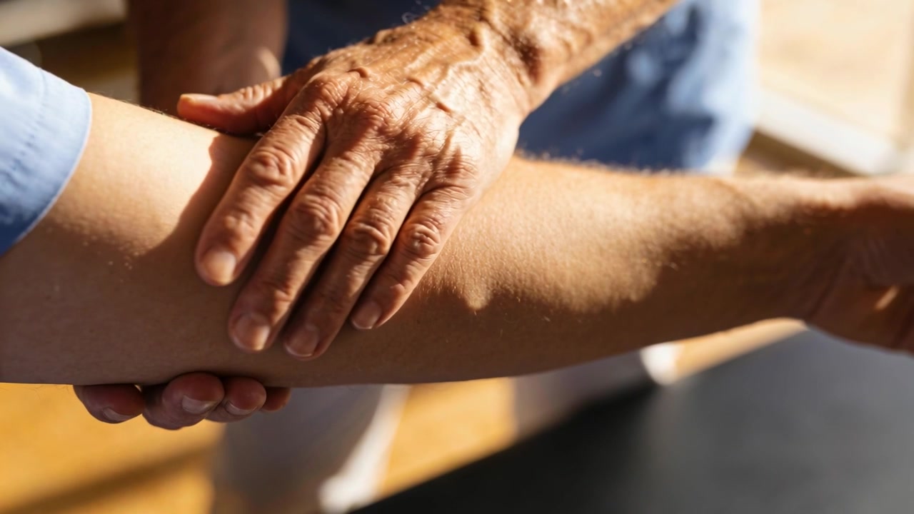 Receptor extendiendo el antebrazo, cuidador mayor palpando y sosteniendo la muñeca en una habitación soleada para su cuidado.