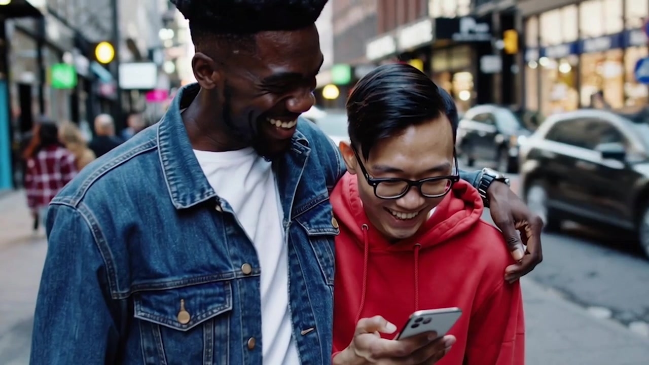 Due amici che ridono mentre guardano uno smartphone per strada.