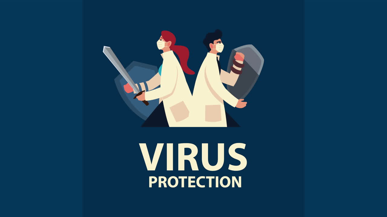 пара врачей в медицинских масках с щитами и мечами