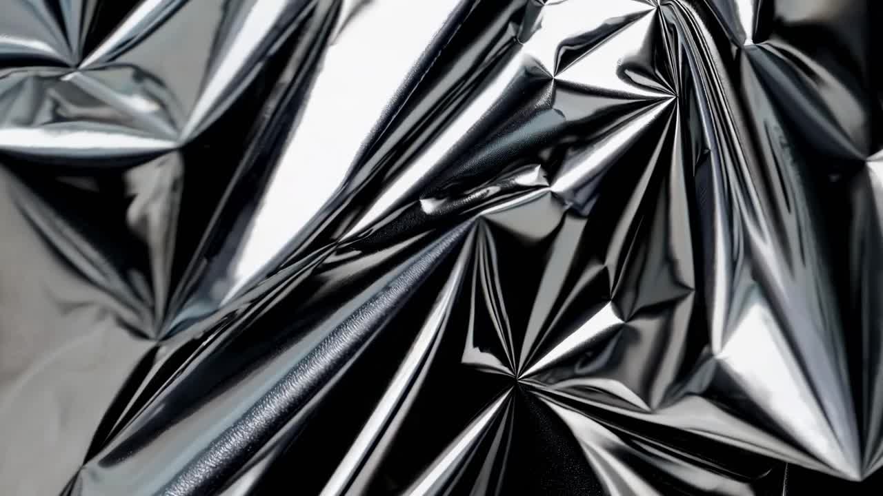 Video ravvicinato di un foglio metallico stropicciato, che mostra angoli affilati e superfici riflettenti