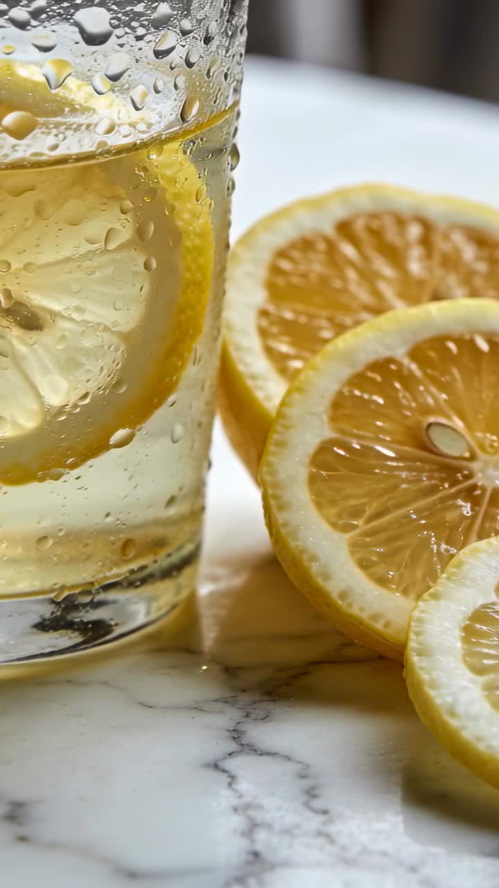Telecamera che sposta delicatamente un bicchiere con una fetta di limone su un piano di lavoro in marmo, fette che mostrano goccioline e polpa.