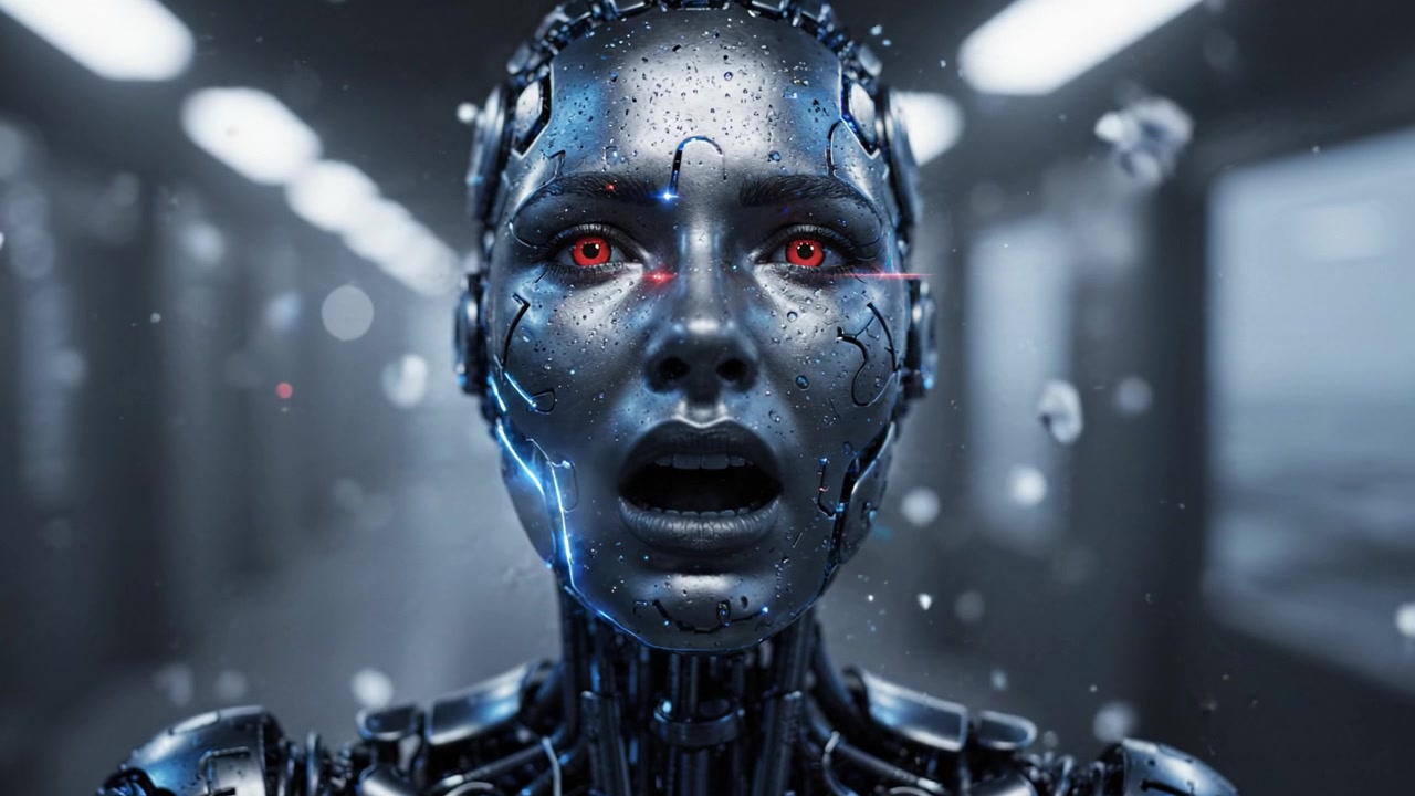Essere cibernetico futuristico: un primo piano di un volto robotico altamente dettagliato con occhi rossi distintivi e una superficie metallica complessa, catturato in luce atmosferica.