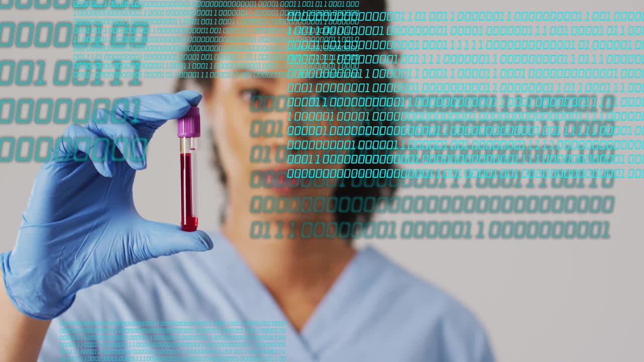 Holding blood sample, healthcare worker with binary code animation over