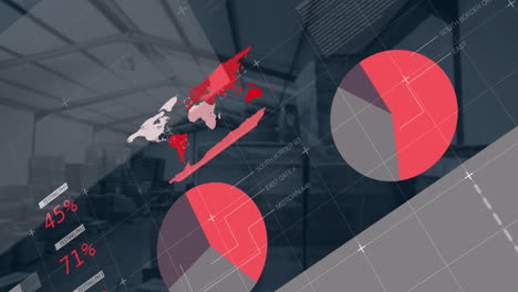 In warehouse, animation of data analytics and graphs overlaying industrial equipment