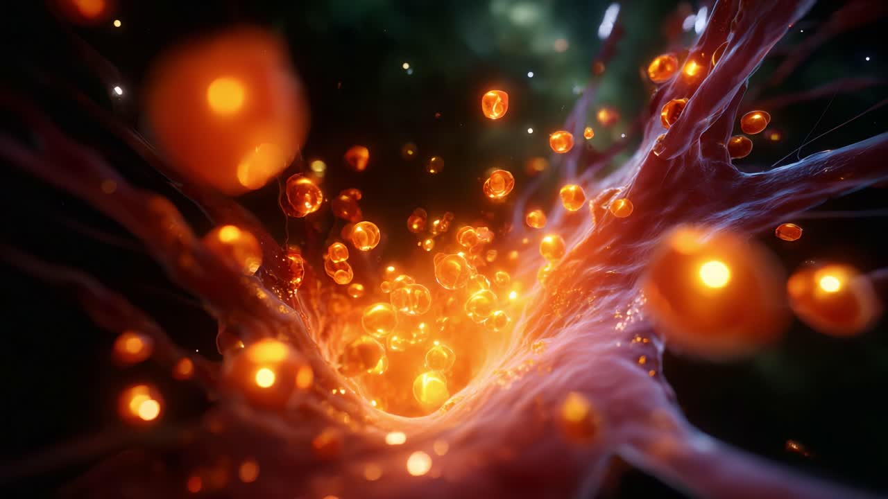 Un viaggio astratto attraverso una rete vibrante e luminosa di flussi energetici, che mostra sfere luminose pulsanti all'interno di un'intricata struttura organica di percorsi interconnessi