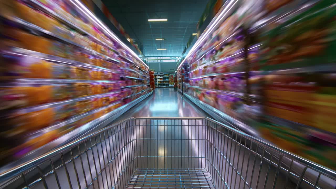 A Vibrant Shopping Experience Captured in Motion: A Shopping Cart Navigating Through Colorful Aisles of a Grocery Store with Speed and Energy, Highlighting the Dynamic Surroundings in Stunning Detail