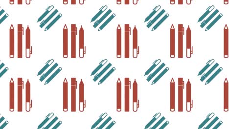 animación de filas de bolígrafos y materiales artísticos de pintura sobre un fondo blanco