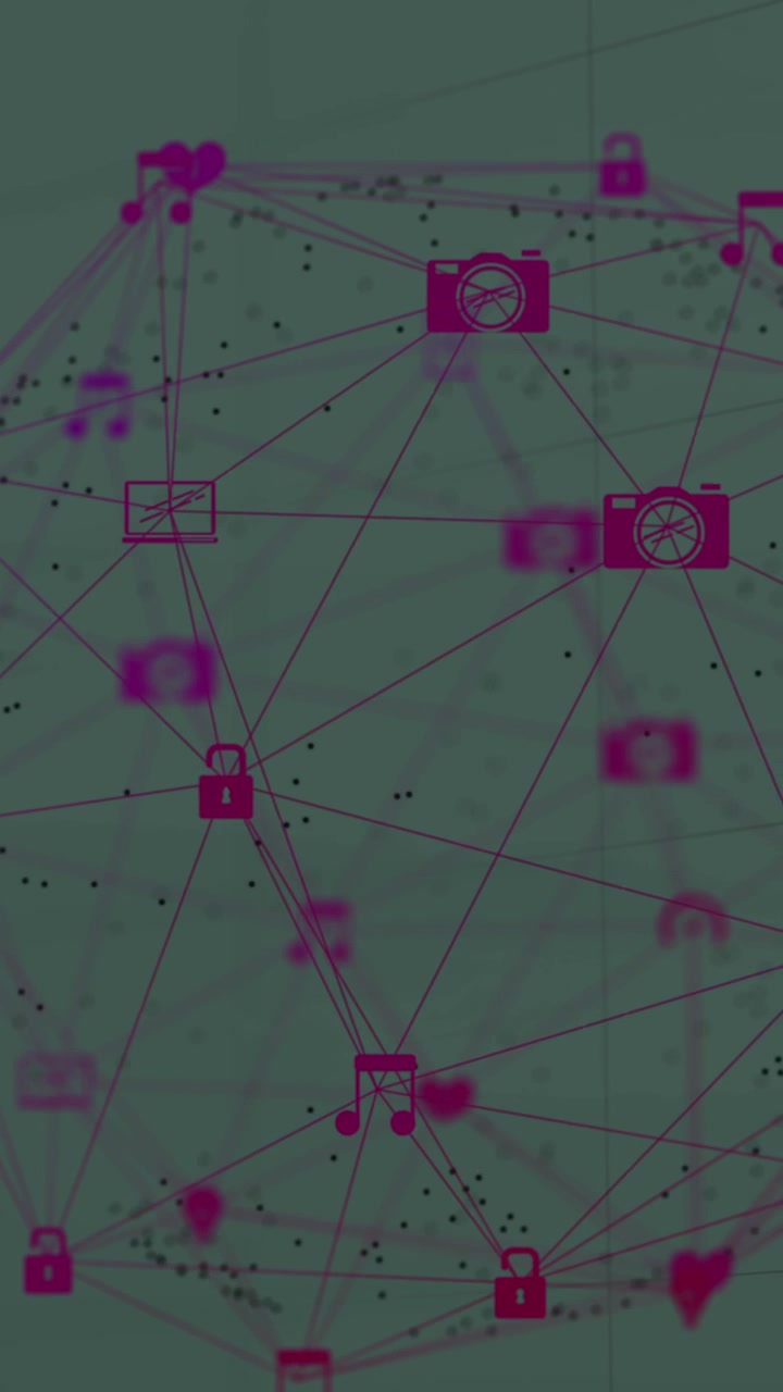 Animation of globe of digital icons spinning over grid network against grey background