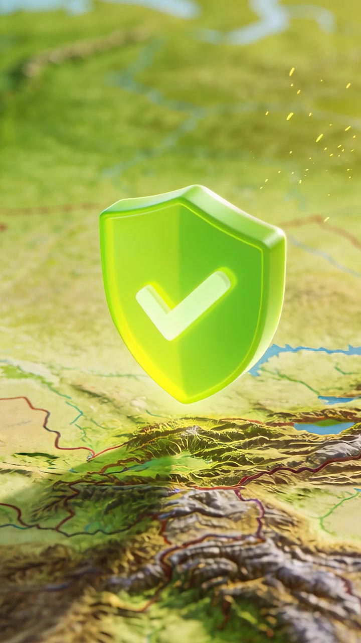 Vertical video: Clip starting green shield lowering over map revealing white checkmark protection