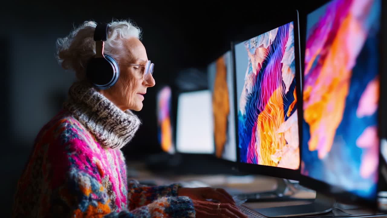 An elderly individual with a vibrant sweater and headphones focuses intently on a series of colorful computer screens, illustrating the intersection of creativity and technology in later life