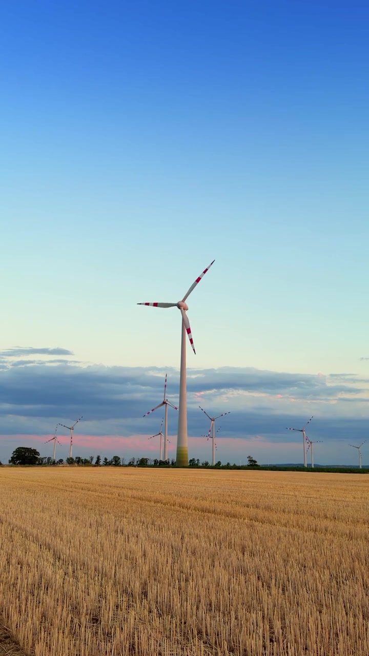 Wind turbines in a large field at sunset. Wind turbines stand in a wide field during sunset. The sky shows colors as daylight fades.