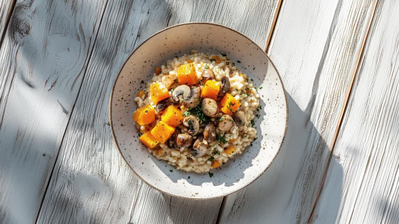 delicioso risotto de otoño con setas y calabazas de mantequilla en una mesa rústica