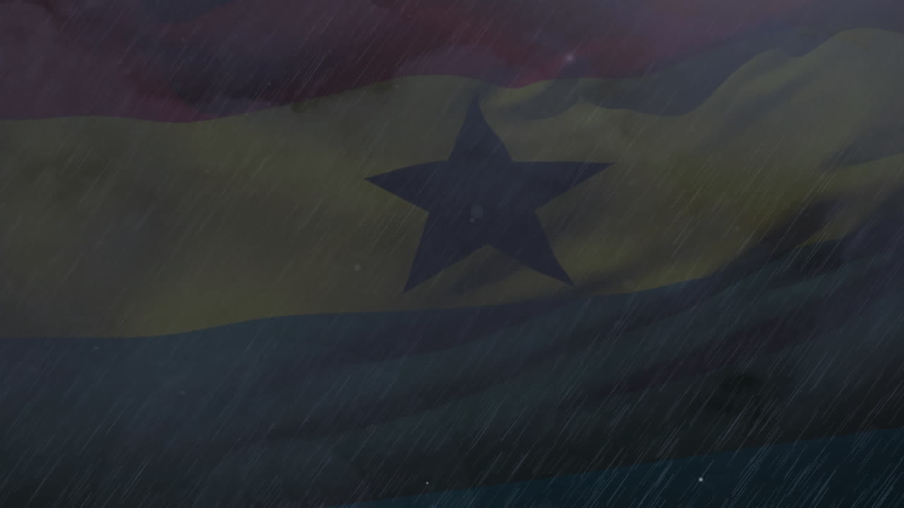 animación de lluvia y relámpagos sobre la bandera de ghana