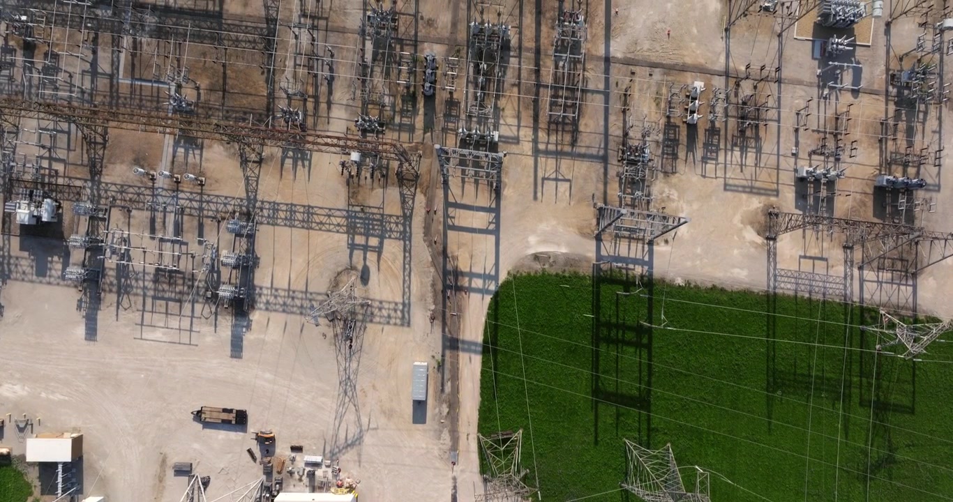 Top Down Aerial View Above High Voltage Electrical Substation. Electric Power Plant USA