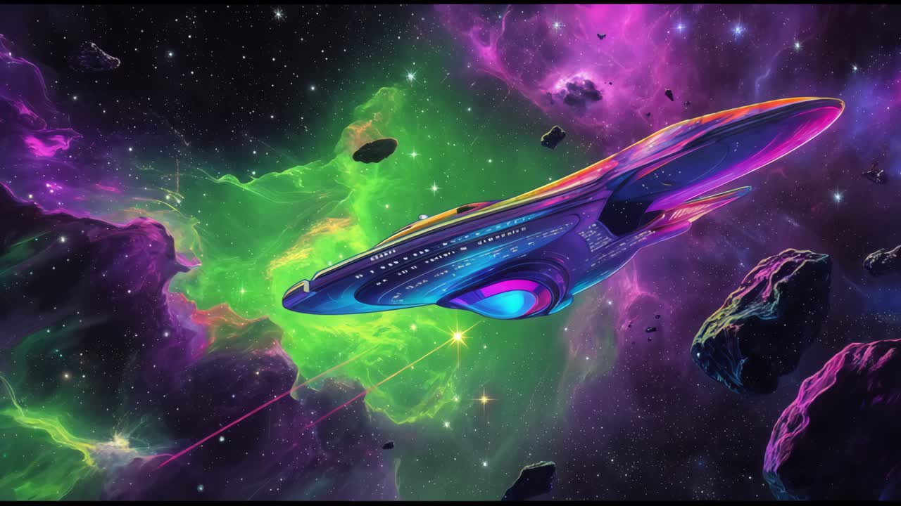 una nave espacial colorida en una nebulosa.