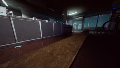 empty laundromat with a wooden bench