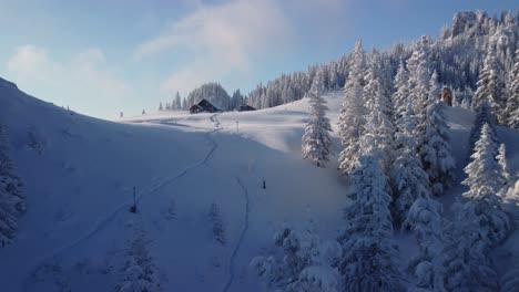 experience the enchantment of a winter cabin atop a snow-covered mountain, a captivating hideaway amidst a picturesque