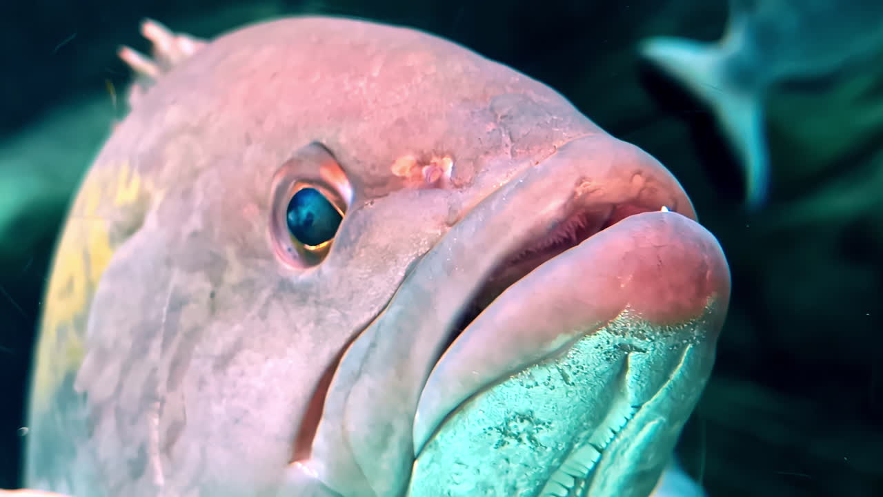 오스카 물고기 - 화를 내는 포식자 물고기 클로즈업, 수생 호흡의 정적 시각
