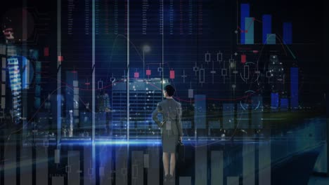 animación del procesamiento de datos financieros sobre la mujer empresaria y el paisaje urbano