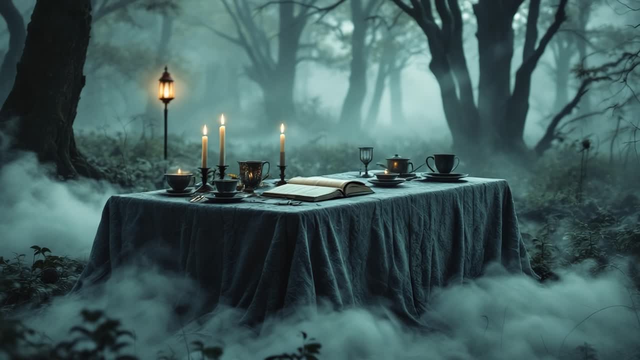 Misterioso tea party in una foresta nebbiosa